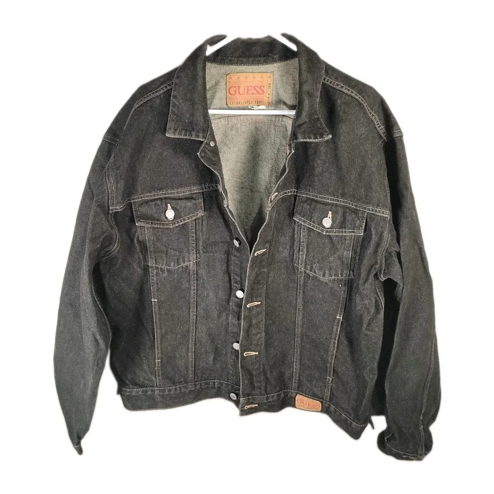 Vintage 90s Guess Denim Jacket Sz XXL Black Washed Jean Trucker 100% Cotton USA